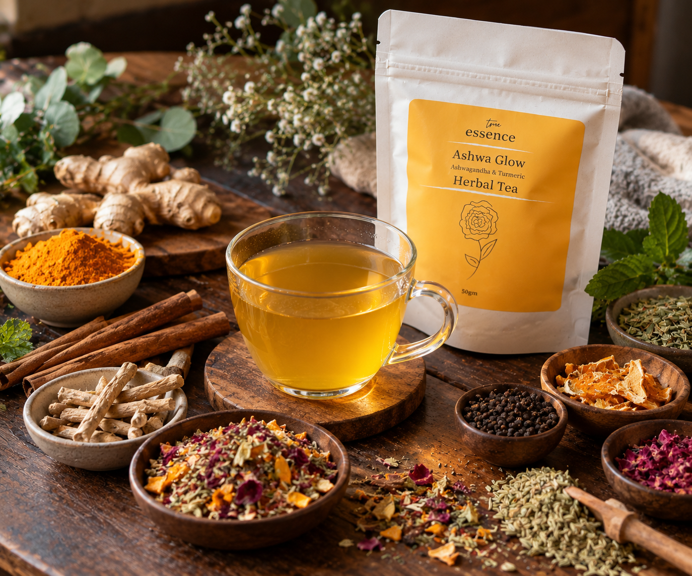 Flat-lay arrangement of natural dried roots, cinnamon bark, turmeric, and dried rose petals