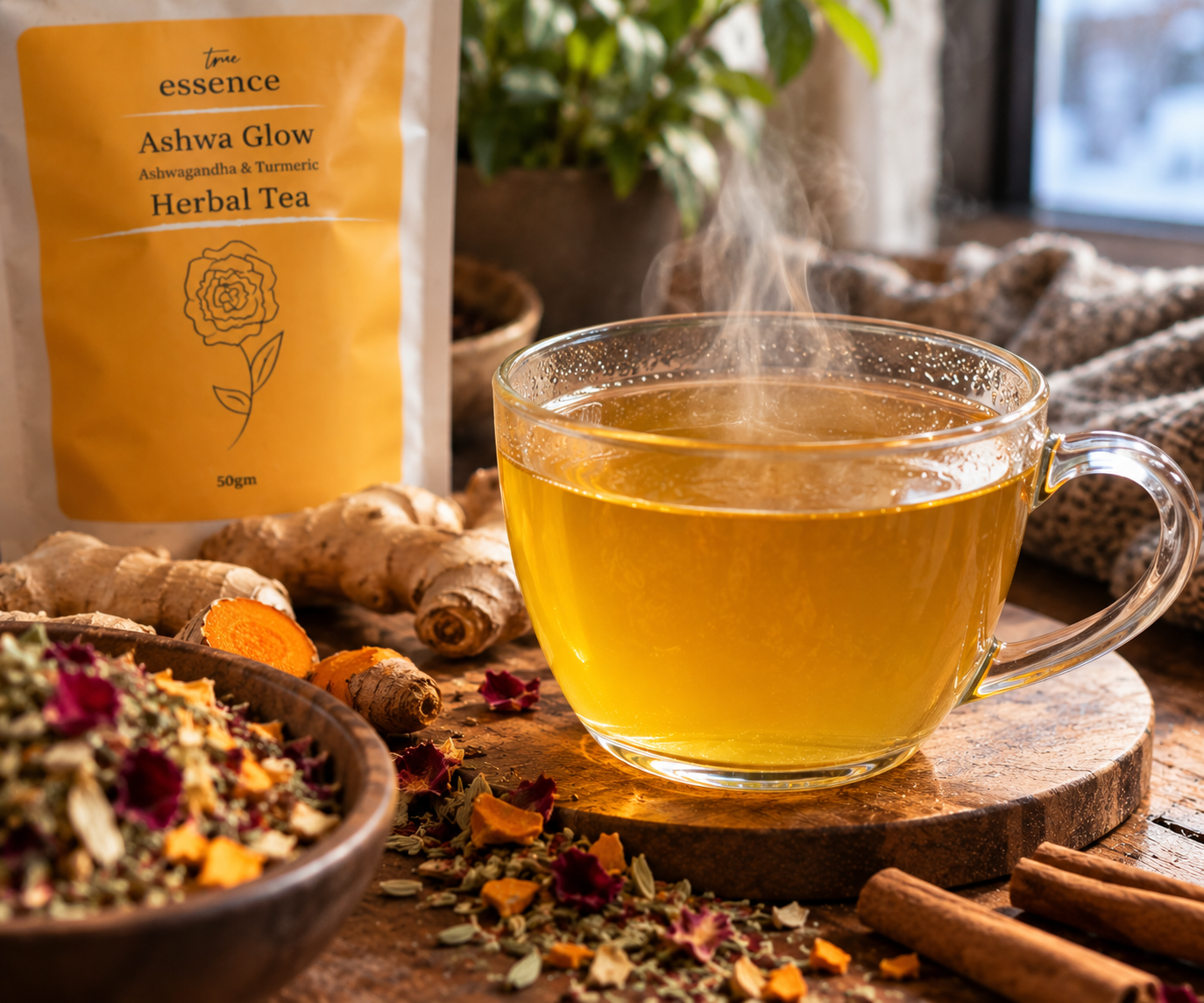 Package of Ashwa Glow herbal tea blend on warm wooden surface