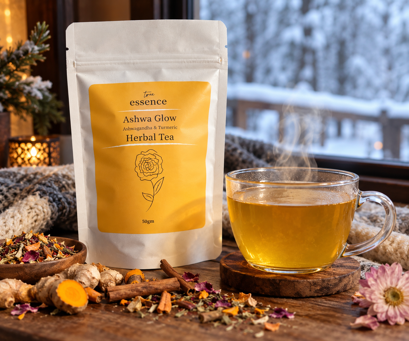 Ashwa Glow caffeine-free herbal tea package in a cozy winter setting