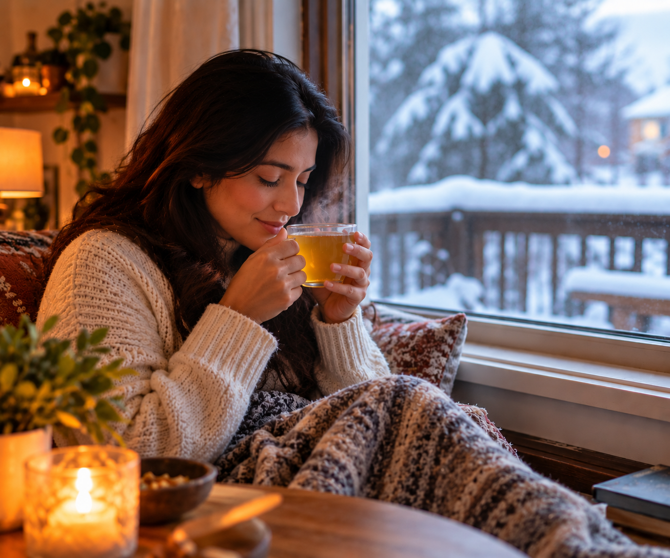 Hands wrapped around a warm steaming ceramic mug beside a winter window overlooking snowy trees